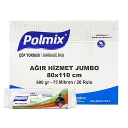 Polmix P501 Çöp Torbası Ağır Hizmet Jumbo Boy 74 Mikron 80 x 110 cm 10 Adet - Siyah (20 Adet) resmi