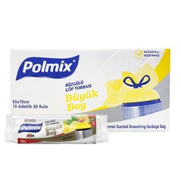 Polmix P142 Çöp Torbası Büzgülü Büyük Boy Limon Kokulu 65 x 70 cm 10 Adet - Sarı (30 Adet) resmi