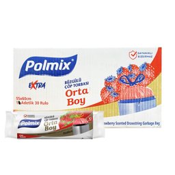 Polmix P140 Çöp Torbası Büzgülü Orta Boy Çilek Kokulu 55 x 60 cm 10 Adet - Kırmızı (30 Adet) resmi