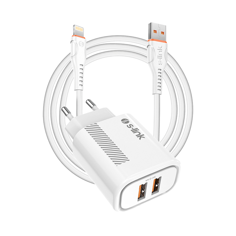 S-link SL-EC50L Lightning Kablolu 5V 2400MA 2 USB Çıkışlı Beyaz Ev Şarj Adaptörü resmi