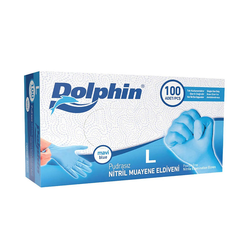 Dolphin Nitril Pudrasız Muayene Eldiveni Large 100'lü - Mavi resmi