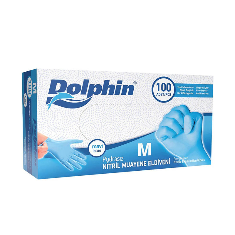 Dolphin Nitril Pudrasız Muayene Eldiveni Medium 100'lü - Mavi resmi