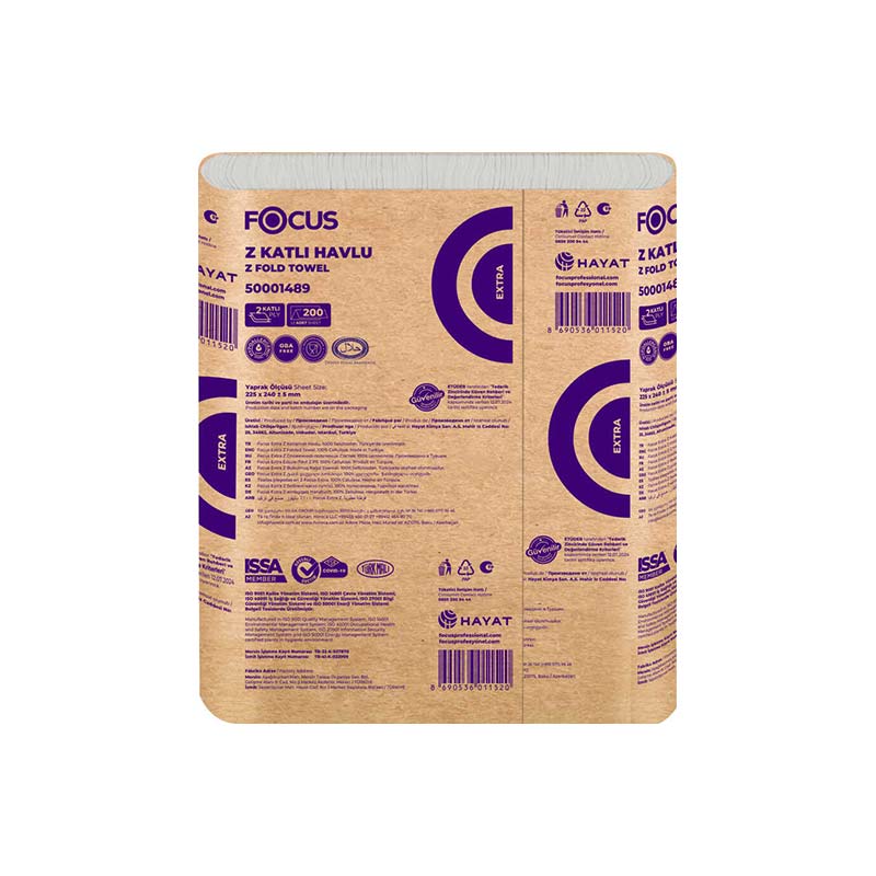 Focus Extra Z Katlama Kağıt Havlu Çift Katlı 22.5 x 24 cm 200 Yaprak - 12 Adet resmi