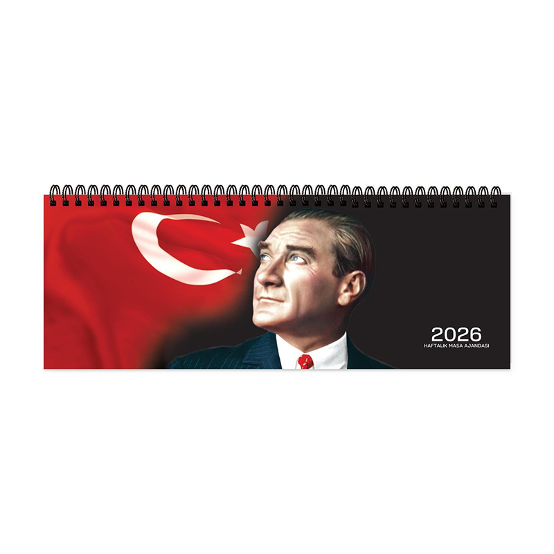 Keskin AJ-65 12x33,5 cm 2026 Spiralli Haftalık Masa Ajandası Atatürk resmi