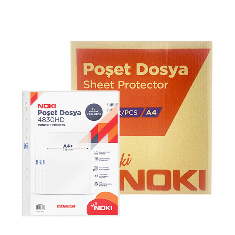 Noki 4830 HD Delikli Şeffaf Poşet Dosya A4 100'lü Paket (30 Adet) resmi