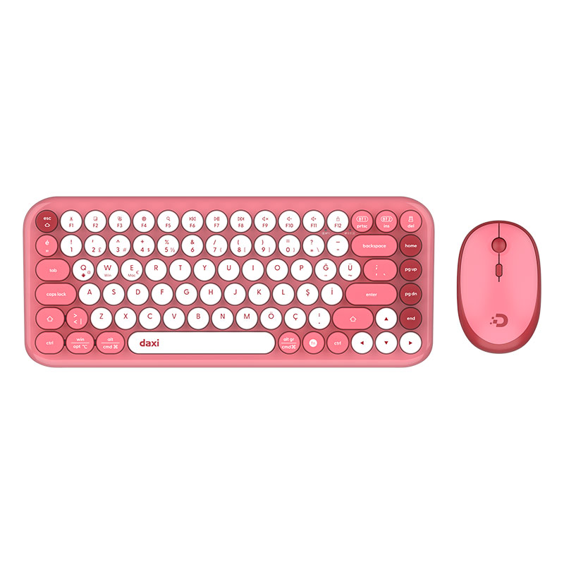 Daxi MK-340 Kablosuz Klavye Mouse Set Bluetooth/ WiFi Retro Pembe - Beyaz resmi