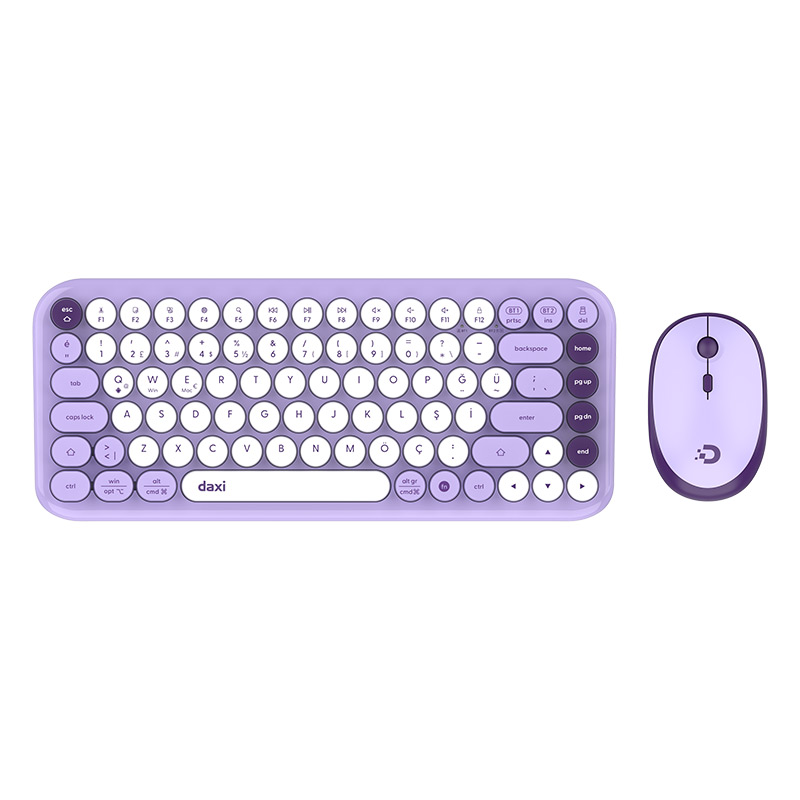 Daxi MK-340 Kablosuz Klavye Mouse Set Retro Bluetooth/ WiFi Lila - Beyaz resmi
