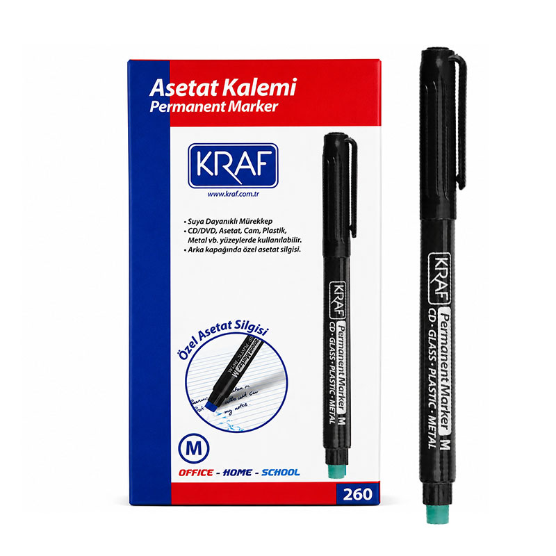 Kraf 260 Asetat Kalemi Silgili 0.8 mm Siyah (12 Adet) resmi