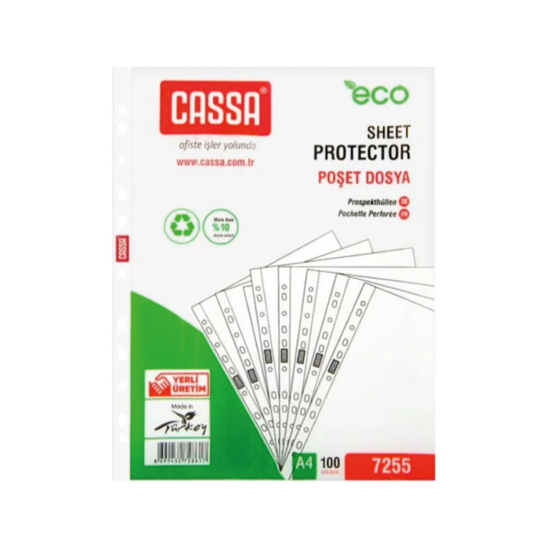 Cassa 7255 Delikli Şeffaf Poşet Dosya A4 100'lü Paket