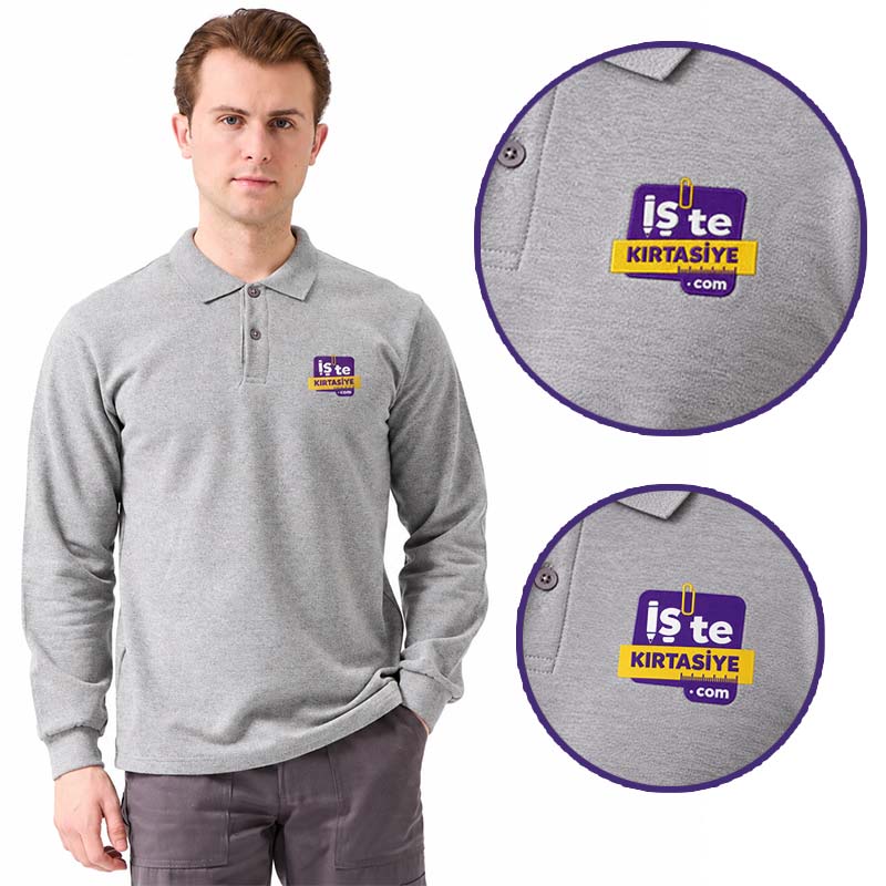 Baskılı Sweatshirt Polo Yaka - Gri resmi