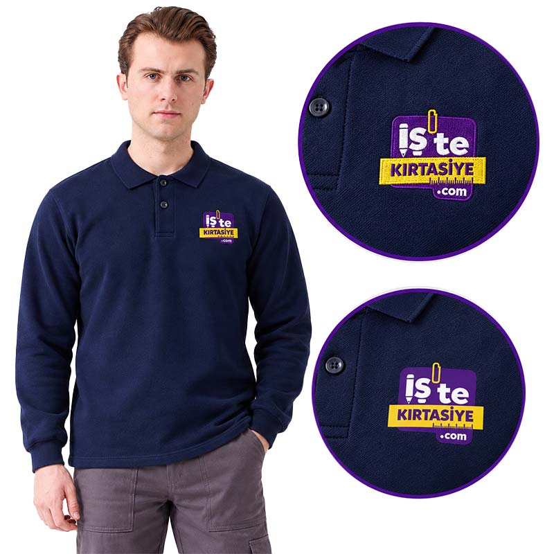 Baskılı Sweatshirt Polo Yaka - Lacivert resmi