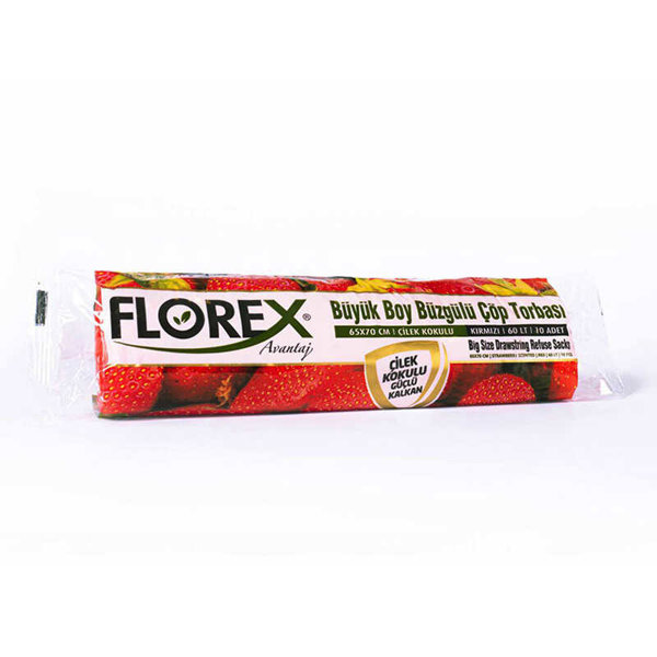 Florex 502 Büzgülü Çöp Torbası Büyük Boy 65 x 70 cm 10 Adet Çilek Kokulu- Kırmızı