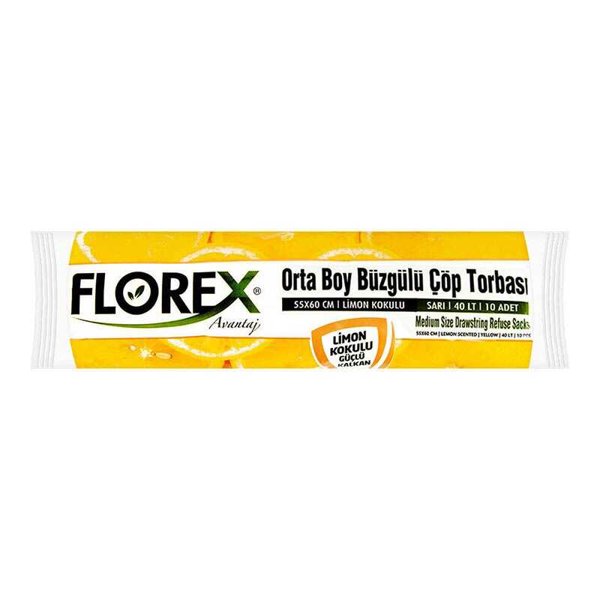 Florex 401 Büzgülü Çöp Poşeti Orta Boy 55 x 60 cm 10 Adet Limon Kokulu - Sarı