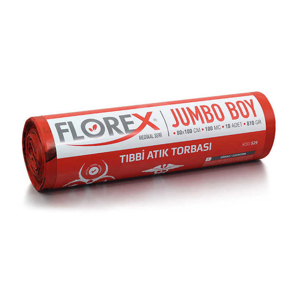 Florex 529 Tıbbi Attık Baskılı Çöp Torbası Jumbo Boy 80 x 110 cm 10 Adet - Kırmızı 
