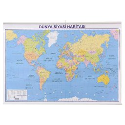 Inter Askılı Dünya Haritası Siyasi-Fiziki Çift Taraflı Çıtalı 70x100 cm INT-819